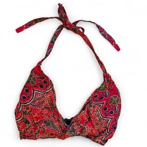 red tapestry print tie on halter bikini top